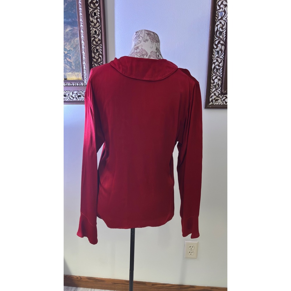 Vintage HABITAT Red Silky Button Down Long Sleeve Collared Blouse Shirt - Picture 7 of 10
